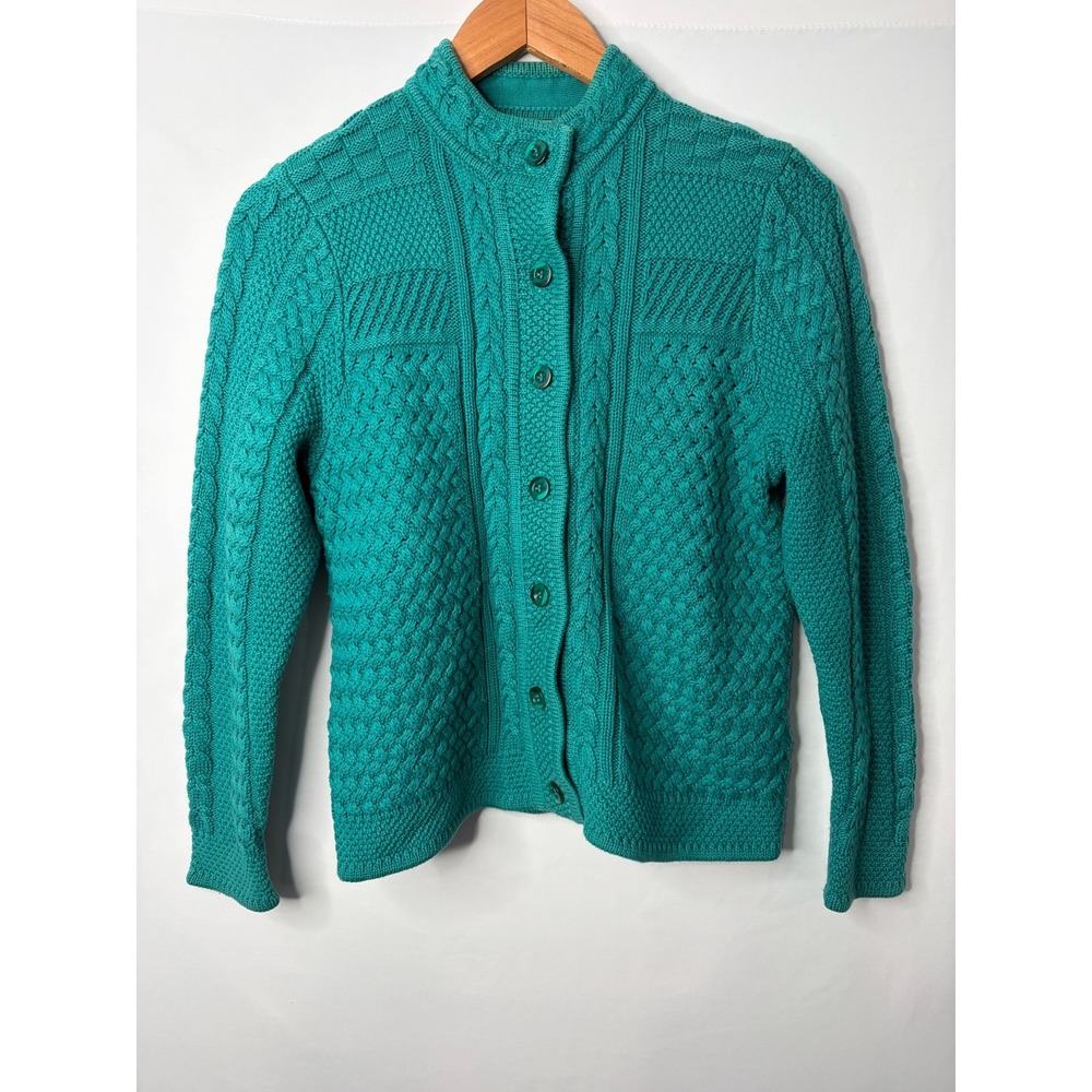 LL Bean Womens Teal Green Cable Knit Cardigan Sweater Sz SP Fisherman Chunky